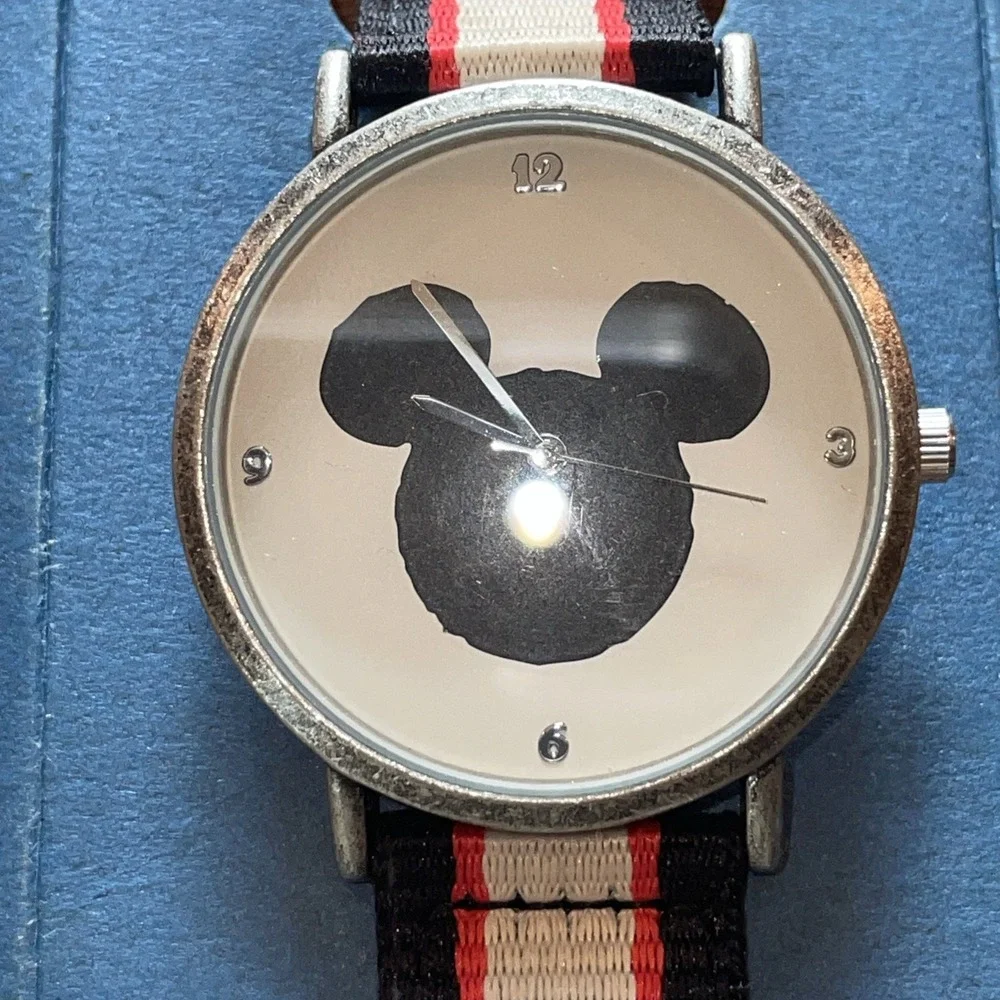 Disney Licensed Wrist‎ Watch Mickey Mouse Black Silhouette Red Blue Striped Band